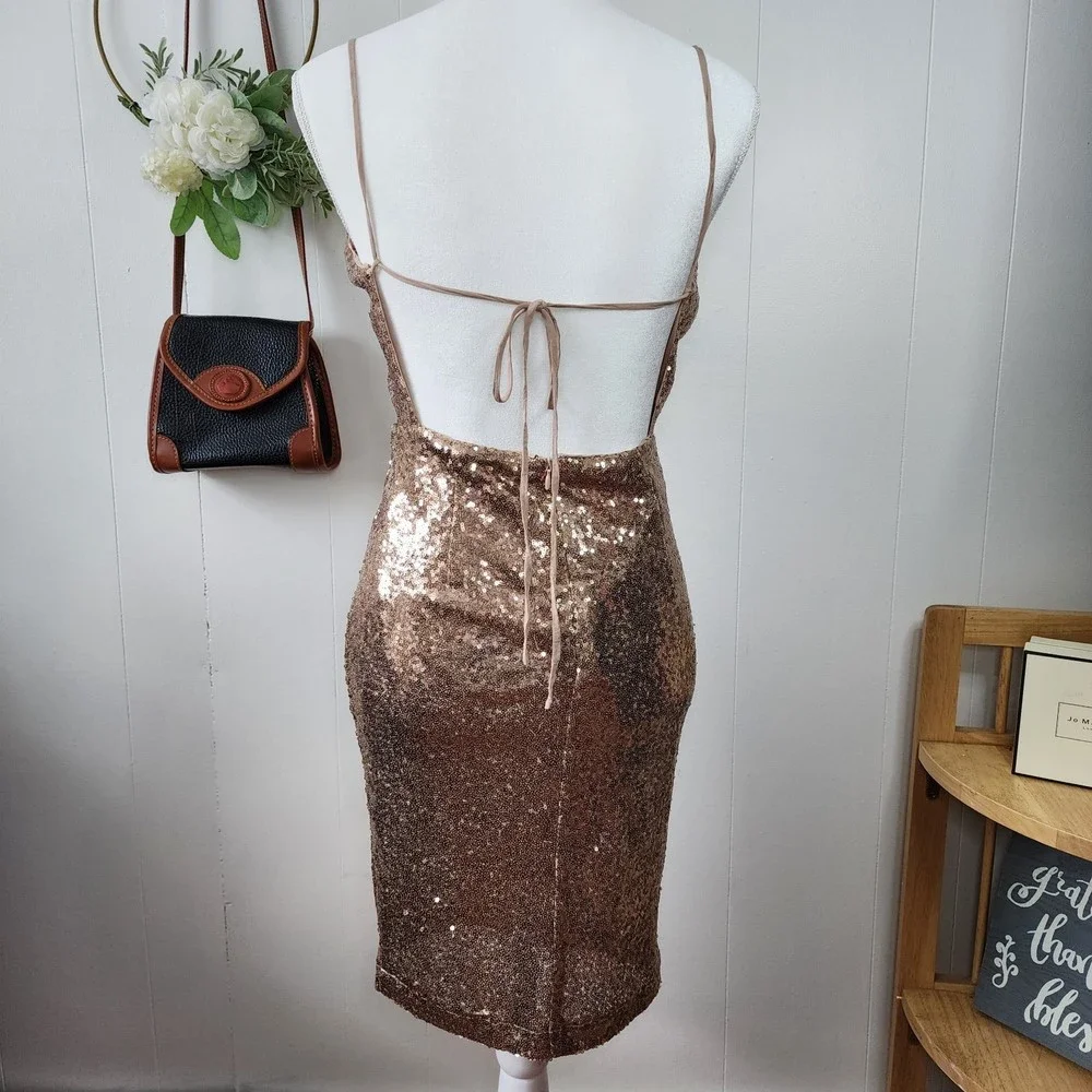 Lulus Rose Gold Sequin Bodycon Backless Mini Dress Medium - Picture 4 of 8